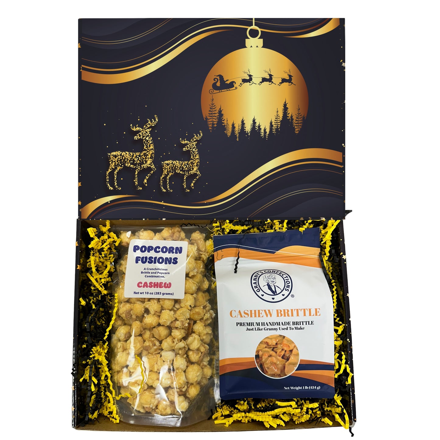 Christmas Holiday Gift Box Caramel Popcorn Peanut Popcorn Cashew Popcorn Pecan Popcorn Peanut Brittle Cashew Brittle Pecan Brittle Granny's Confections