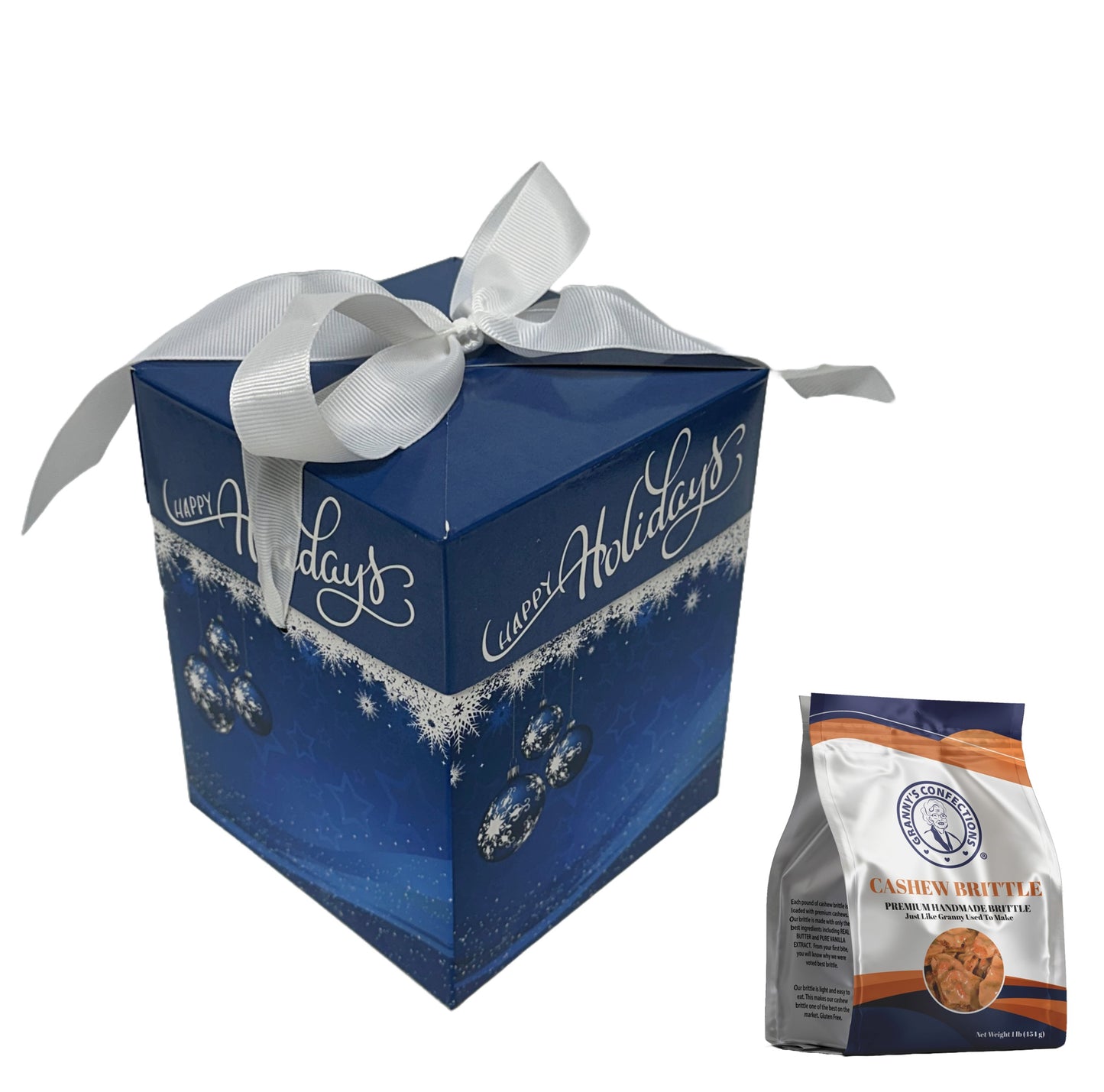 Granny’s Confections Happy Holidays Stunning Blue Gift Box and White Bow Cashew Brittle