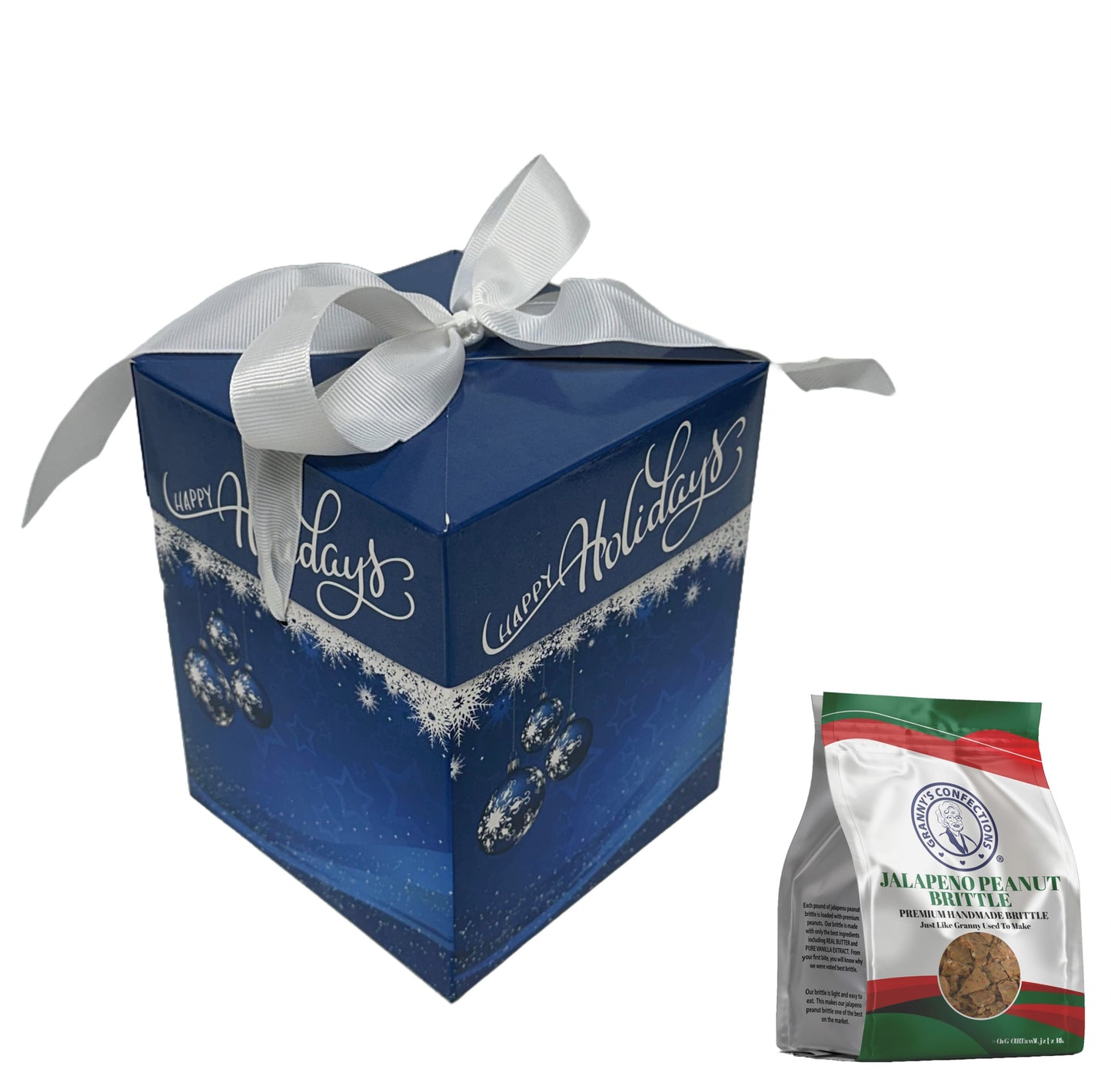 Granny’s Confections Happy Holidays Stunning Blue Gift Box and White Bow Jalapeno Peanut Brittle
