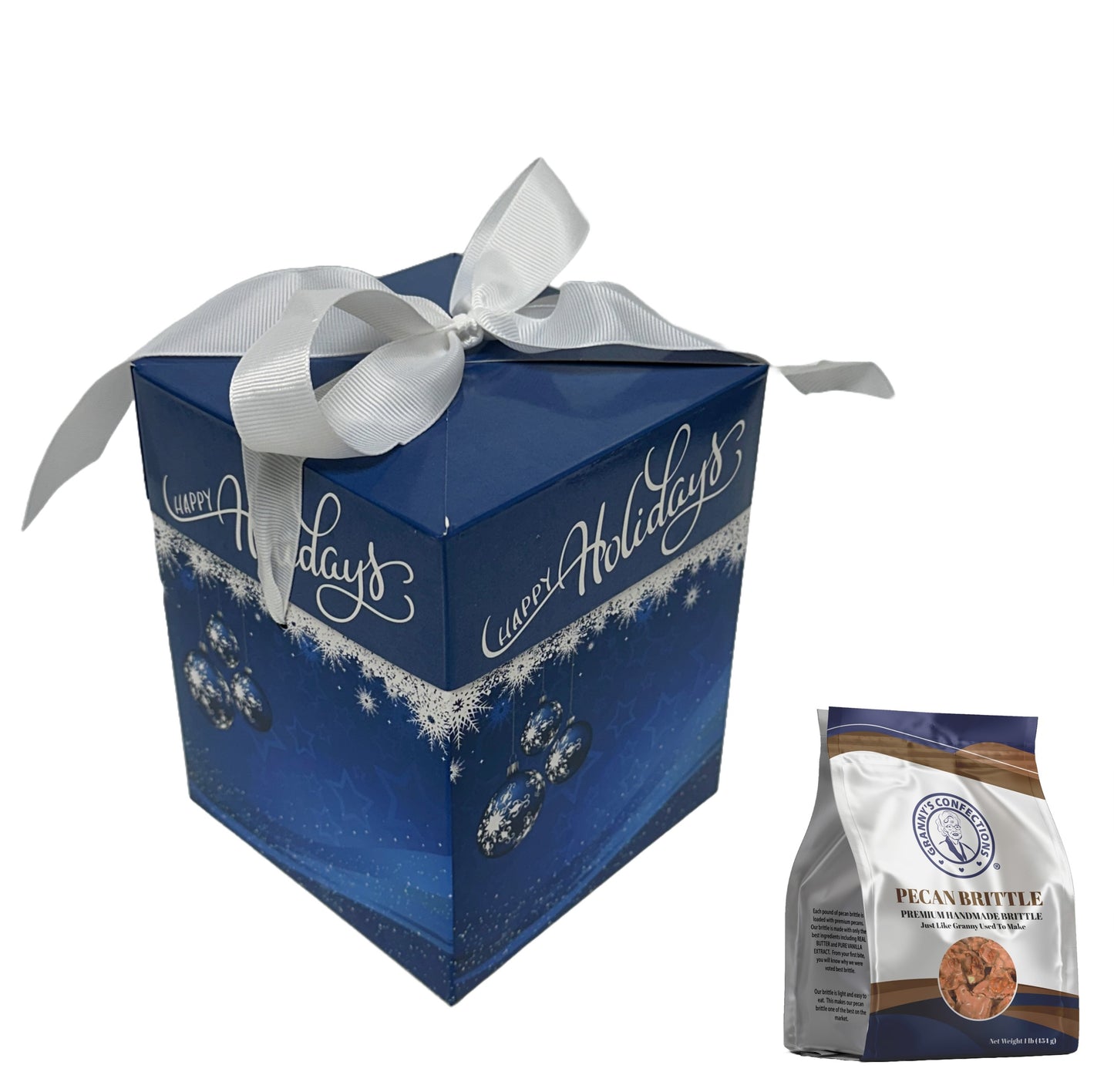 Granny’s Confections Happy Holidays Stunning Blue Gift Box and White Bow Pecan Brittle