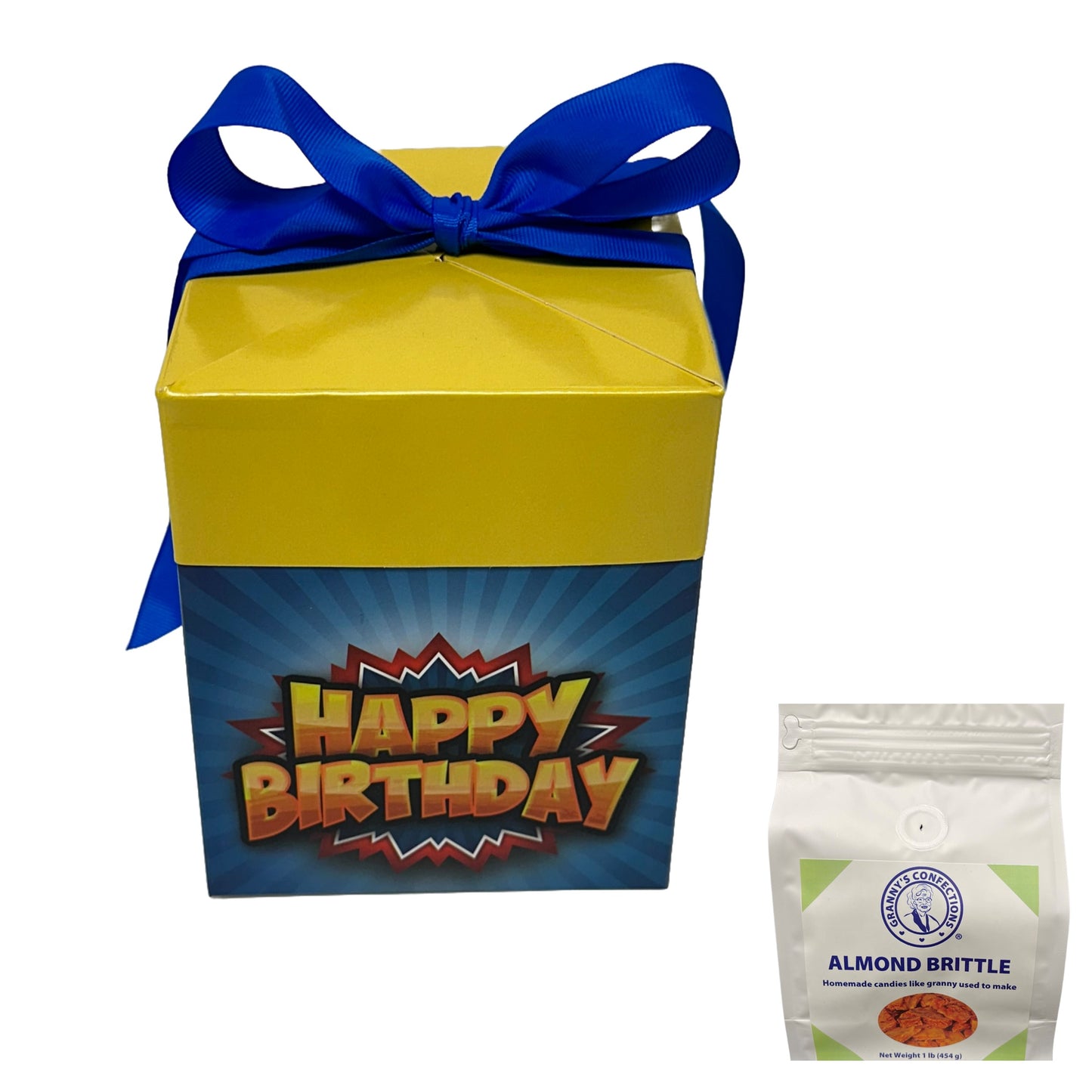 Granny’s Confections Happy Birthday Gift Box Almond Brittle Is A Thoughtful Special Gift Yellow Blue Pop Art
