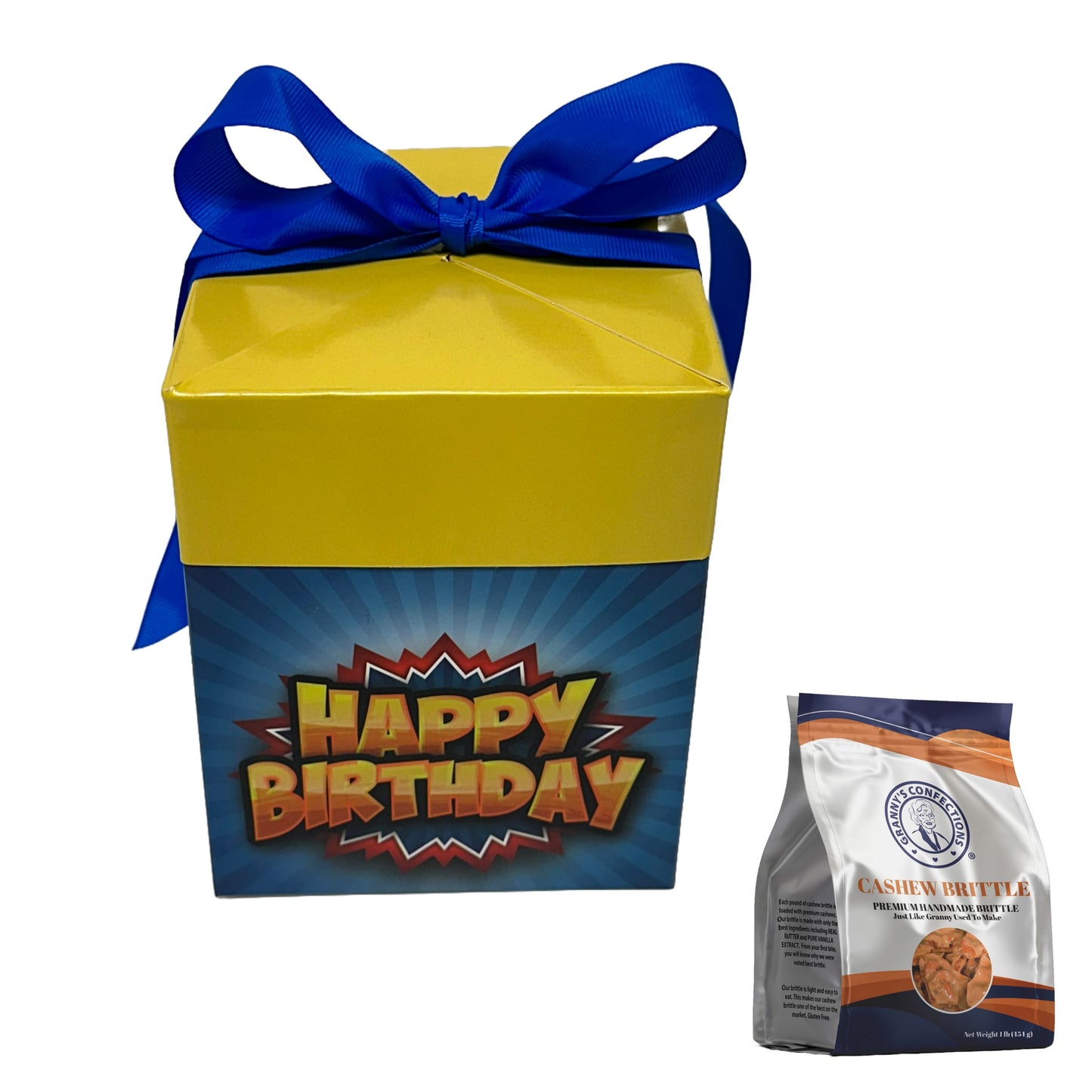 Granny’s Confections Happy Birthday Gift Box Cashew Brittle Is A Thoughtful Special Gift Yellow Blue Pop Art