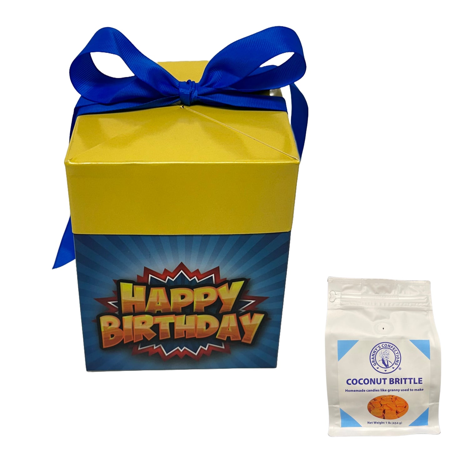 Granny’s Confections Happy Birthday Gift Box Coconut Brittle Is A Thoughtful Special Gift Yellow Blue Pop Art