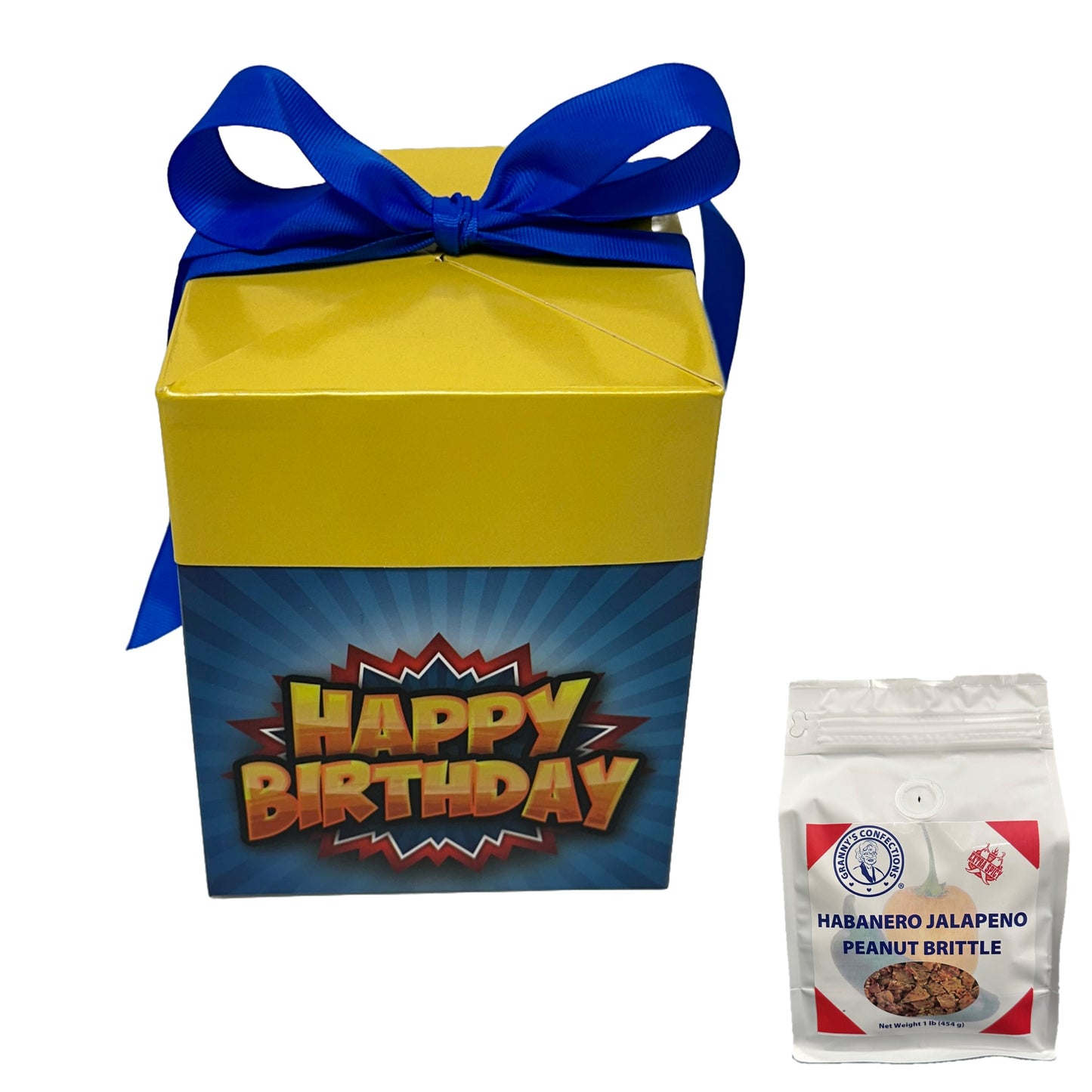 Granny’s Confections Happy Birthday Gift Box Habanero Jalapeno Peanut Brittle Is A Thoughtful Special Gift Yellow Blue Pop Art