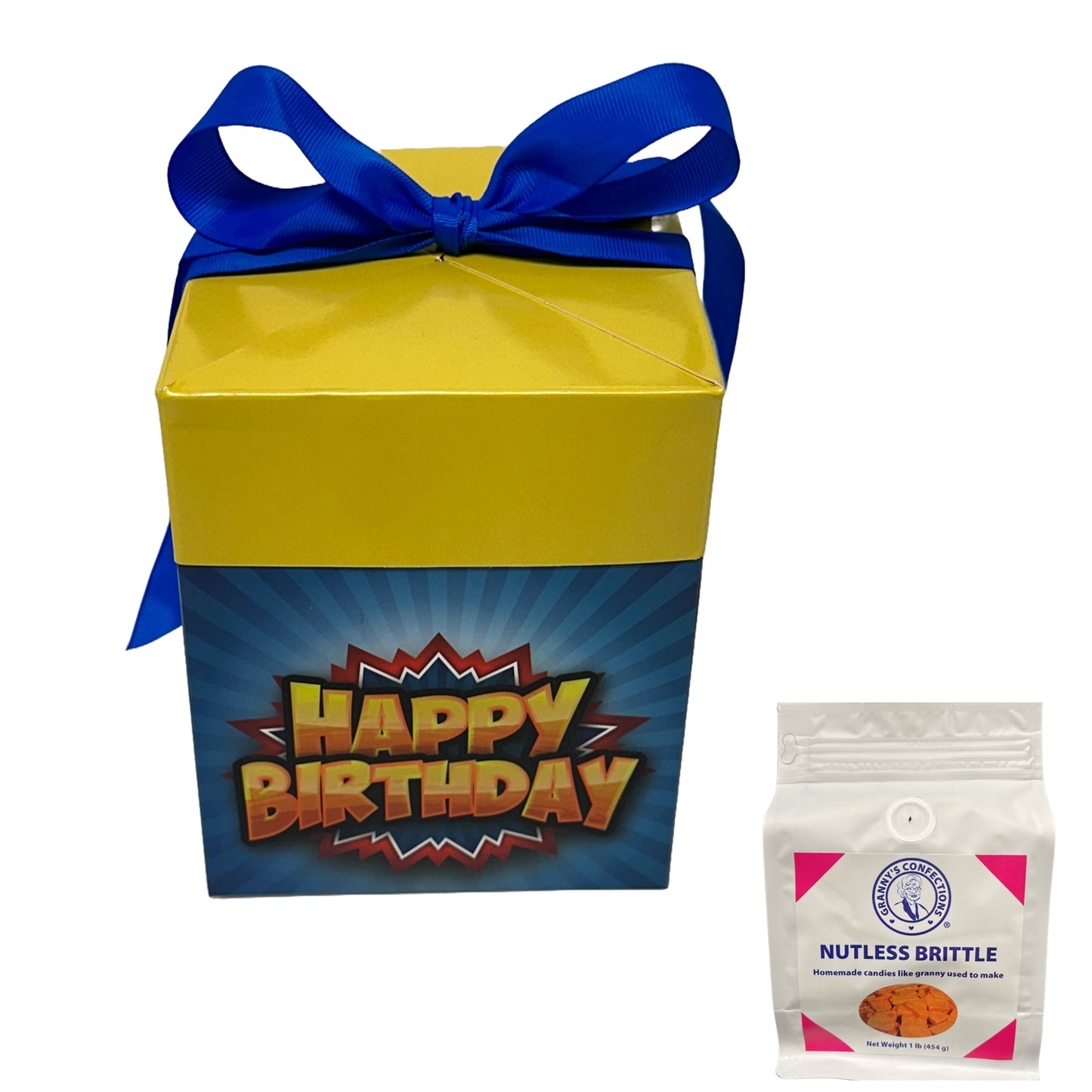 Granny’s Confections Happy Birthday Gift Box Nutless Brittle Is A Thoughtful Special Gift Yellow Blue Pop Art