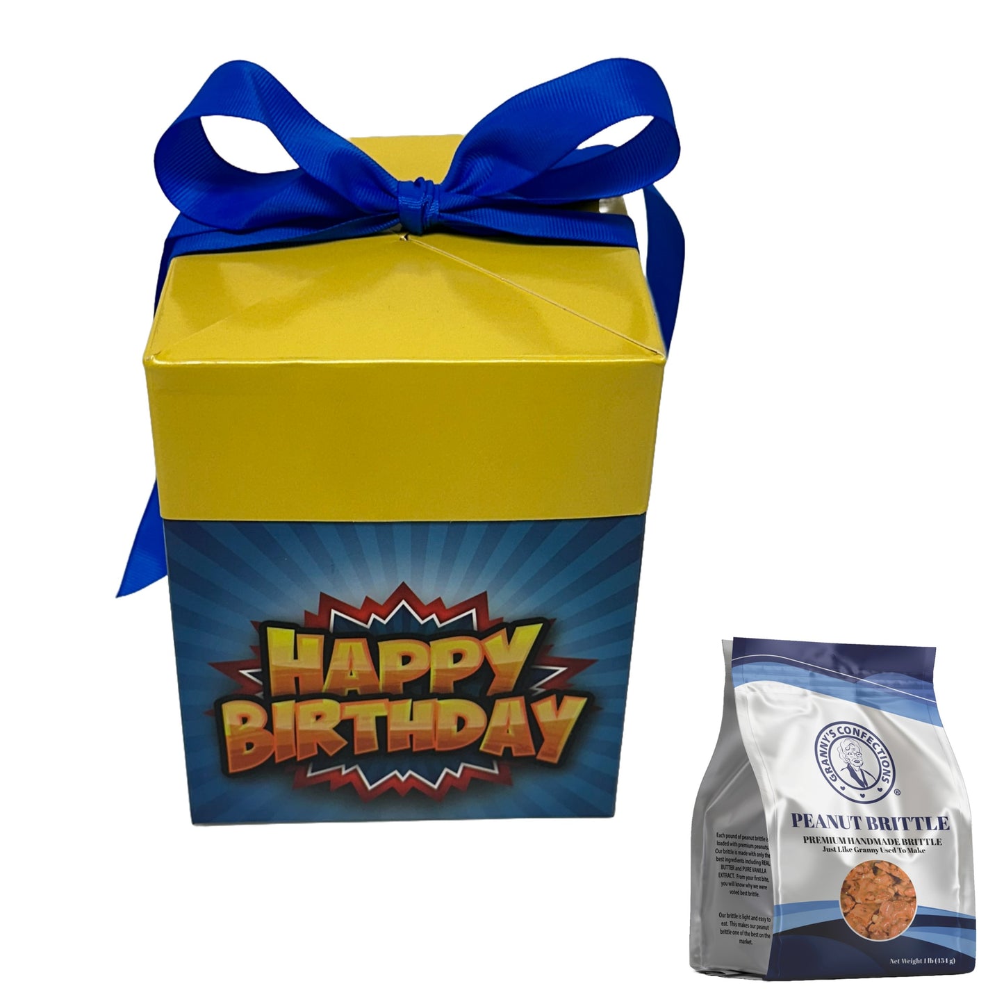 Granny’s Confections Happy Birthday Gift Box Peanut Brittle Is A Thoughtful Special Gift Yellow Blue Pop Art