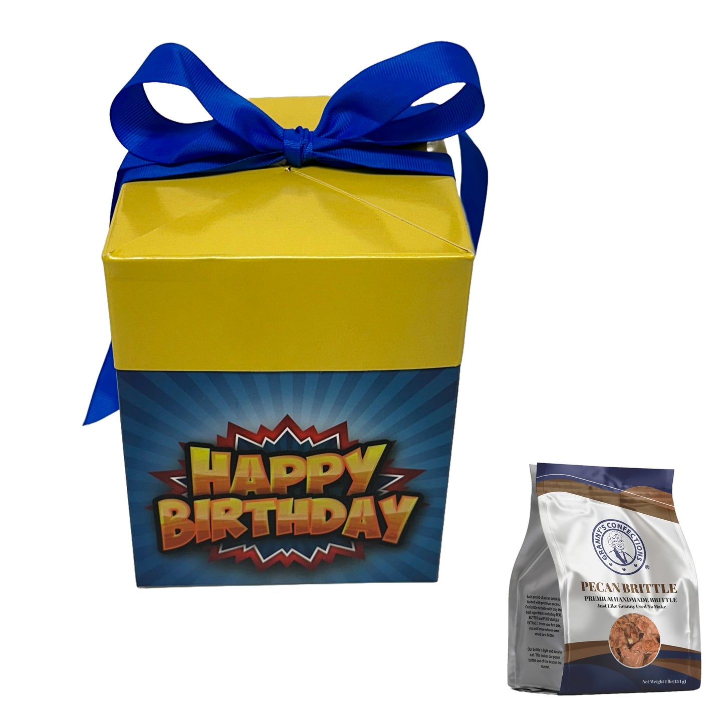 Granny’s Confections Happy Birthday Gift Box Pecan Brittle Is A Thoughtful Special Gift Yellow Blue Pop Art