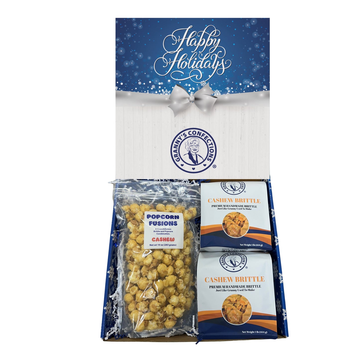 Christmas Holiday Gift Box Caramel Popcorn Peanut Popcorn Cashew Popcorn Pecan Popcorn Peanut Brittle Cashew Brittle Pecan Brittle Granny's Confections