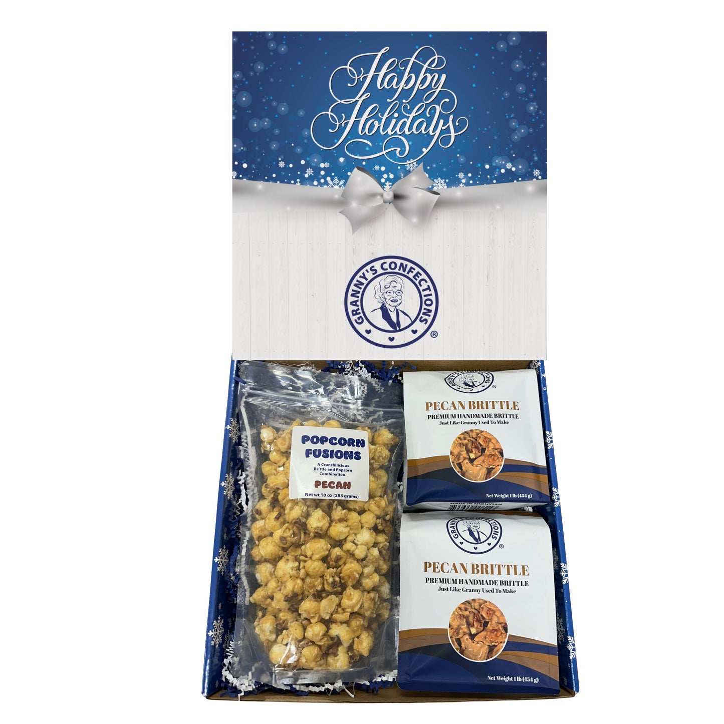 Christmas Holiday Gift Box Caramel Popcorn Peanut Popcorn Cashew Popcorn Pecan Popcorn Peanut Brittle Cashew Brittle Pecan Brittle Granny's Confections