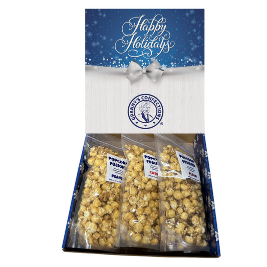 Christmas Holiday Gift Box Caramel Popcorn Peanut Popcorn Cashew Popcorn Pecan Popcorn Peanut Brittle Cashew Brittle Pecan Brittle Granny's Confections
