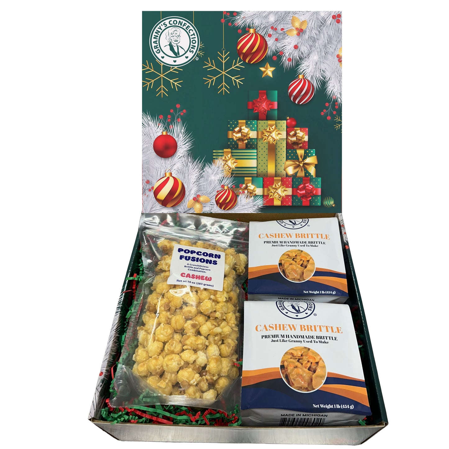 Christmas Holiday Gift Box Caramel Popcorn Peanut Popcorn Cashew Popcorn Pecan Popcorn Peanut Brittle Cashew Brittle Pecan Brittle Granny's Confections