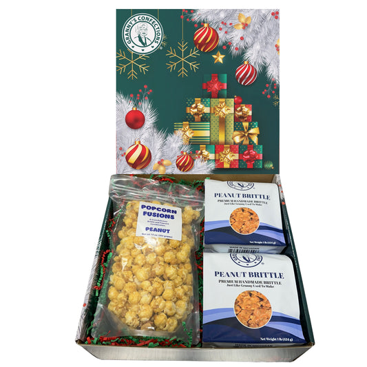 Christmas Holiday Gift Box Caramel Popcorn Peanut Popcorn Cashew Popcorn Pecan Popcorn Peanut Brittle Cashew Brittle Pecan Brittle Granny's Confections