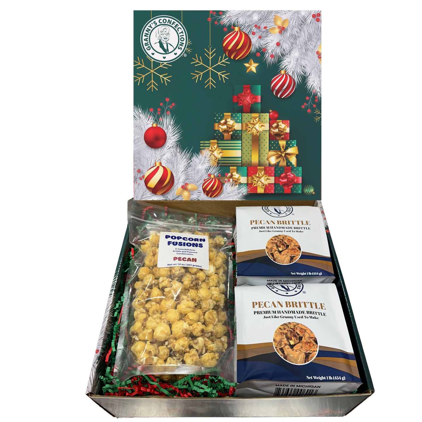 Christmas Holiday Gift Box Caramel Popcorn Peanut Popcorn Cashew Popcorn Pecan Popcorn Peanut Brittle Cashew Brittle Pecan Brittle Granny's Confections