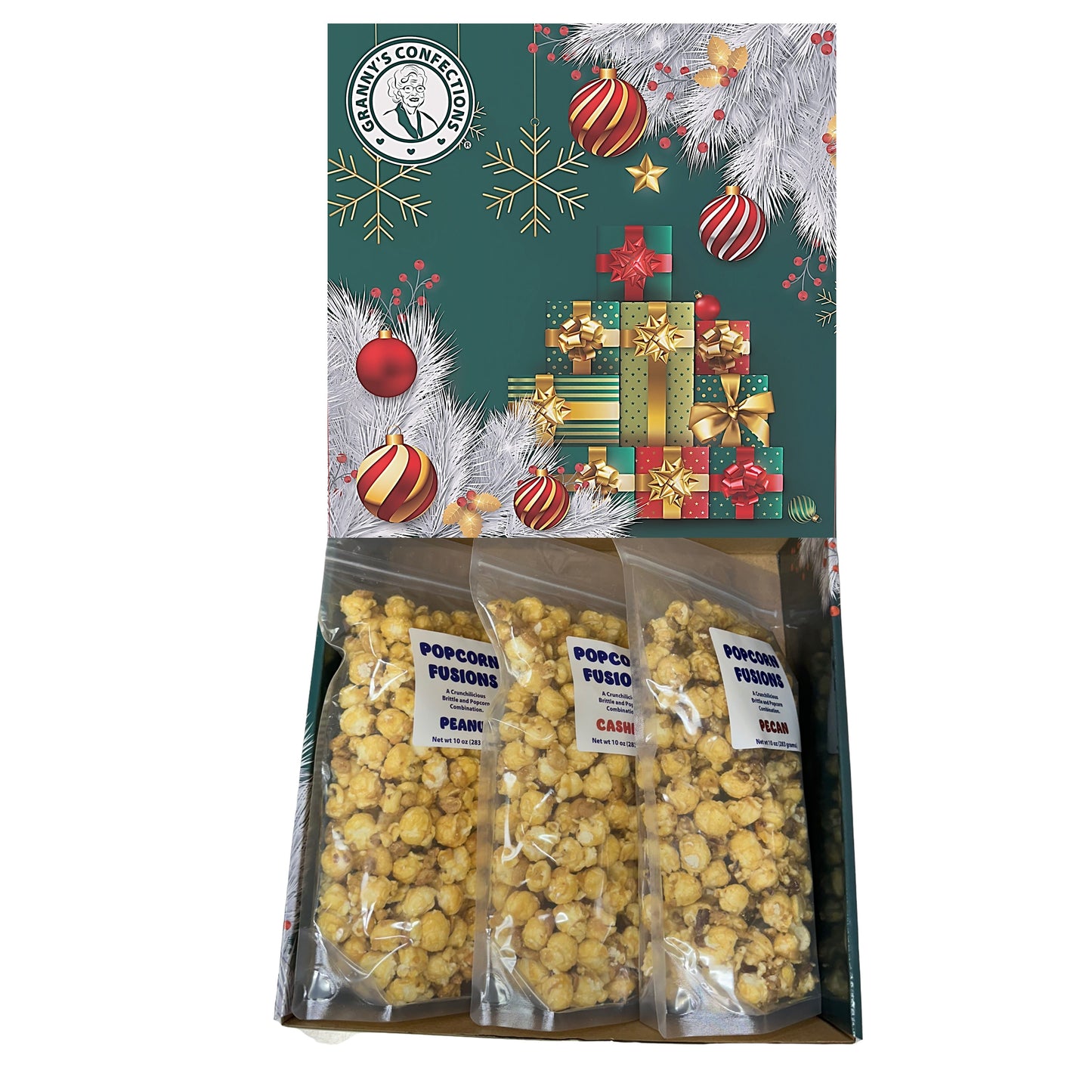 Christmas Holiday Gift Box Caramel Popcorn Peanut Popcorn Cashew Popcorn Pecan Popcorn Peanut Brittle Cashew Brittle Pecan Brittle Granny's Confections