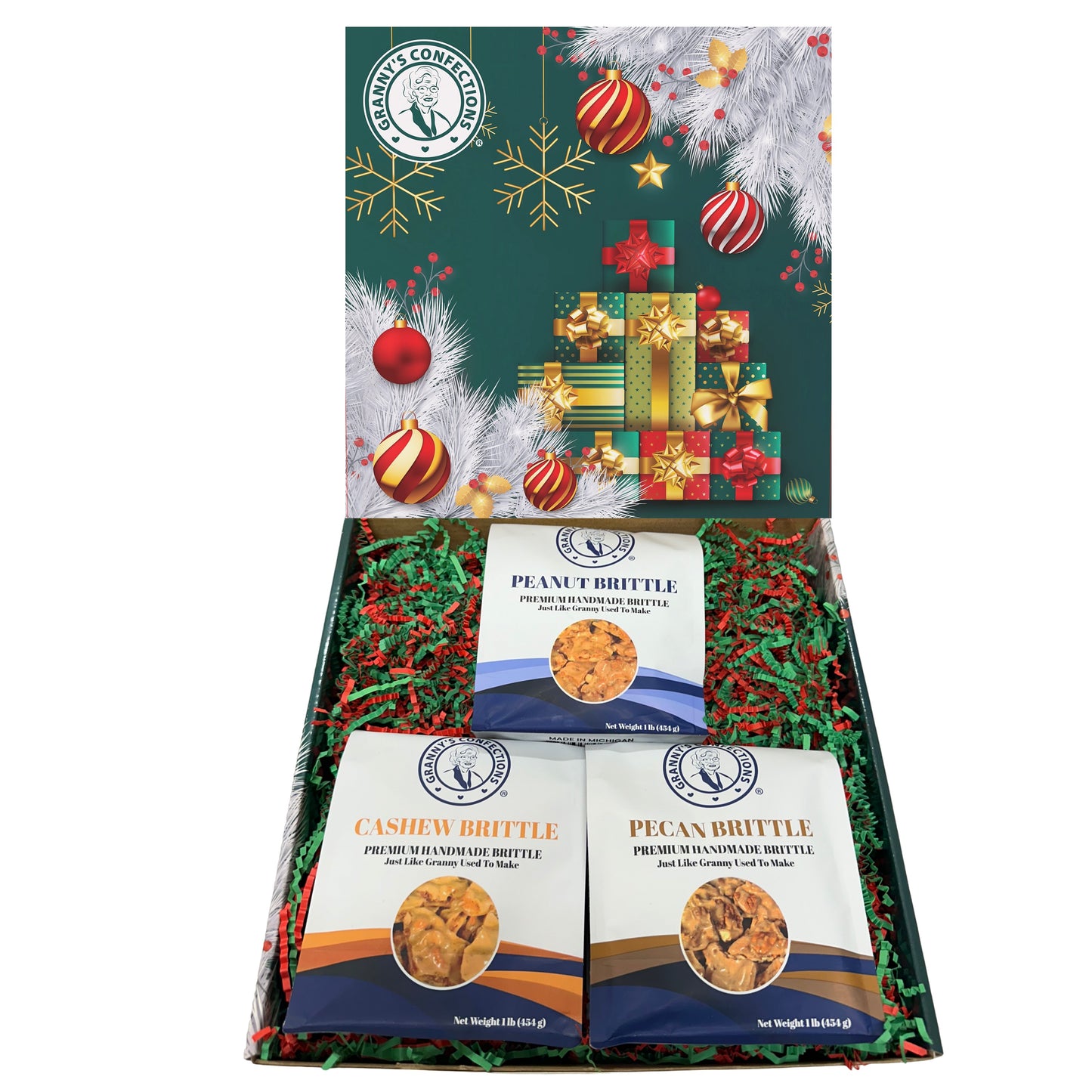 Christmas Holiday Gift Box Caramel Popcorn Peanut Popcorn Cashew Popcorn Pecan Popcorn Peanut Brittle Cashew Brittle Pecan Brittle Granny's Confections