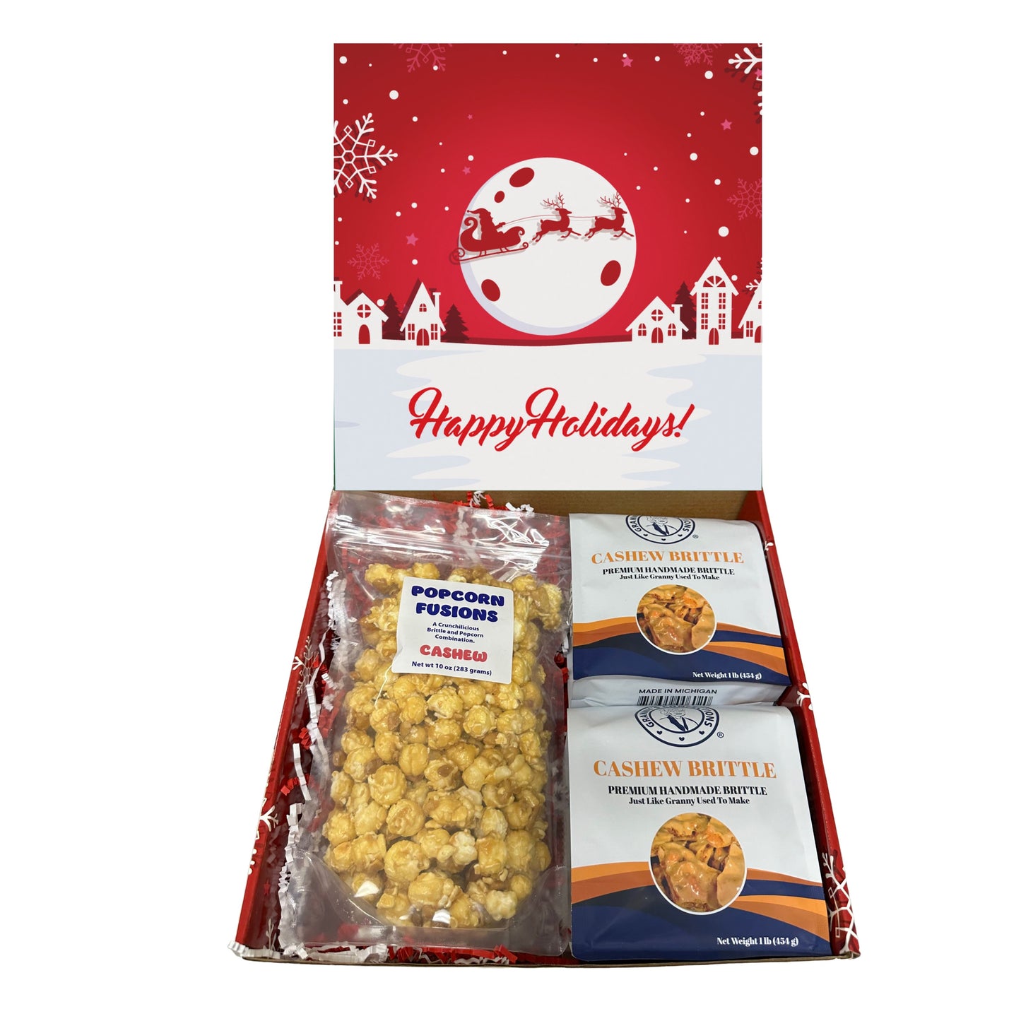 Christmas Holiday Gift Box Caramel Popcorn Peanut Popcorn Cashew Popcorn Pecan Popcorn Peanut Brittle Cashew Brittle Pecan Brittle Granny's Confections