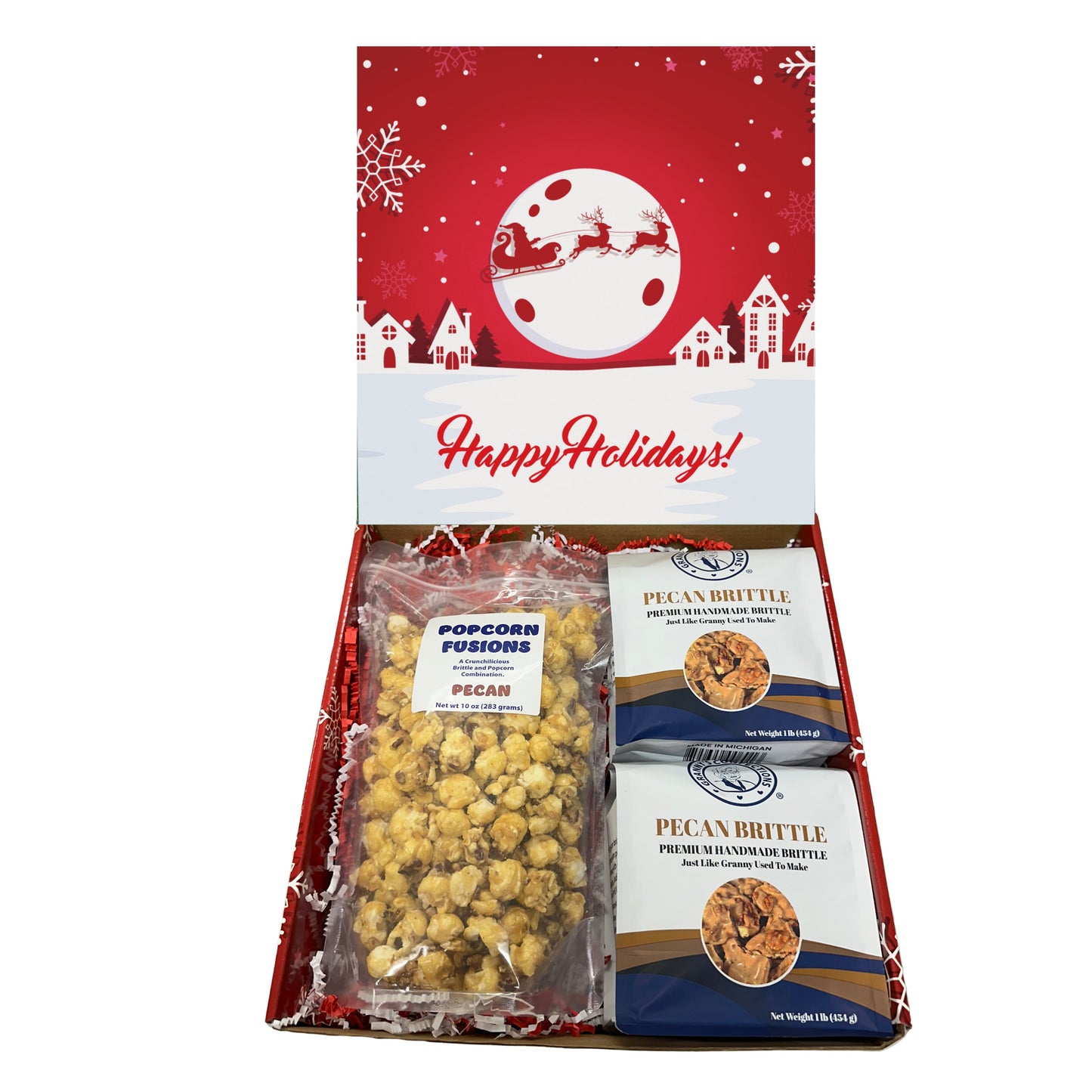 Christmas Holiday Gift Box Caramel Popcorn Peanut Popcorn Cashew Popcorn Pecan Popcorn Peanut Brittle Cashew Brittle Pecan Brittle Granny's Confections