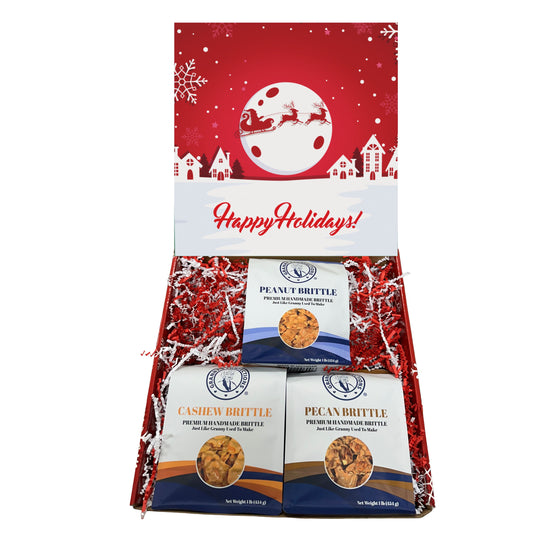 Christmas Holiday Gift Box Caramel Popcorn Peanut Popcorn Cashew Popcorn Pecan Popcorn Peanut Brittle Cashew Brittle Pecan Brittle Granny's Confections