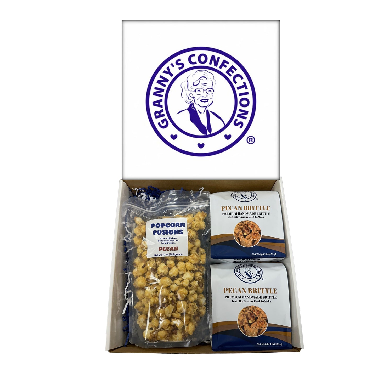 Christmas Holiday Gift Box Caramel Popcorn Peanut Popcorn Cashew Popcorn Pecan Popcorn Peanut Brittle Cashew Brittle Pecan Brittle Granny's Confections