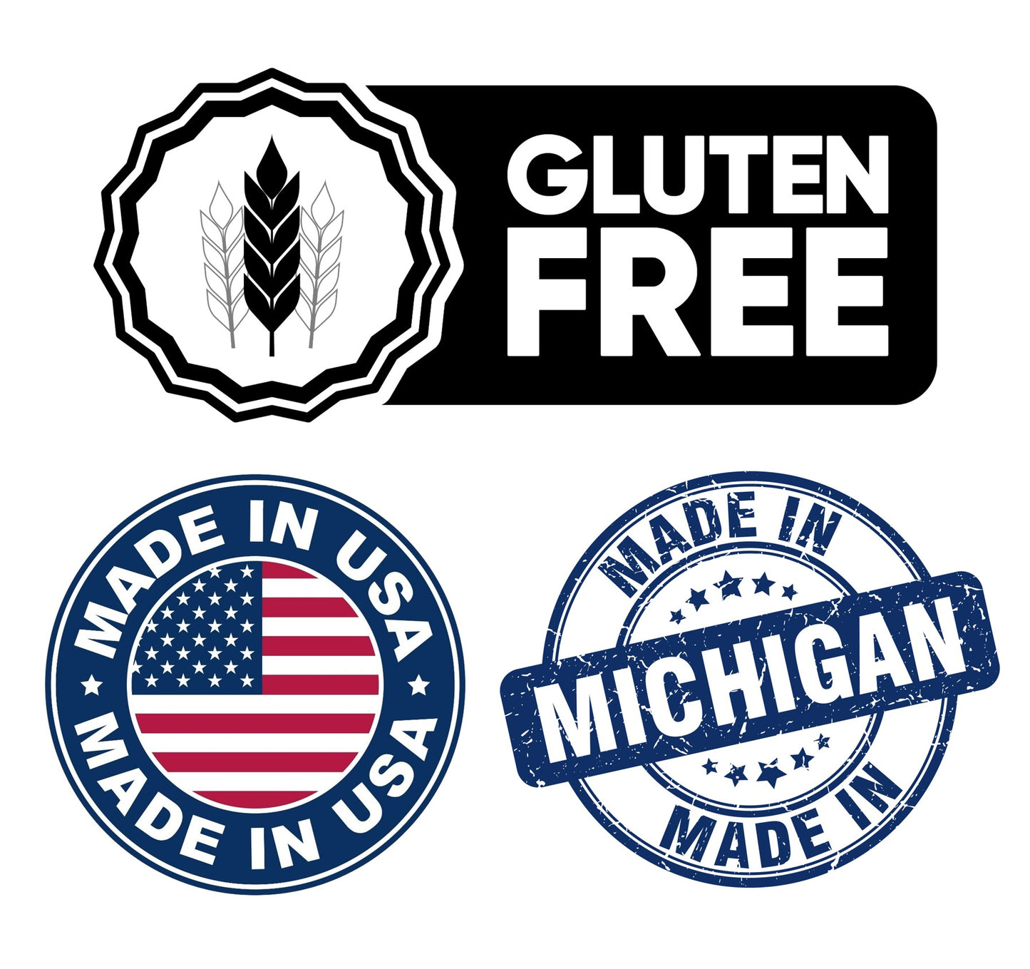 Three certification logos: Gluten Free, Made in USA, and Made in Michigan, on a white background.