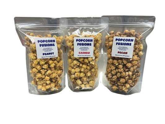 Caramel Popcorn Fusion Gift Box includes Peanut Popcorn, Cashew Popcorn, Pecan Popcorn. Gluten Free. Caramel Corn