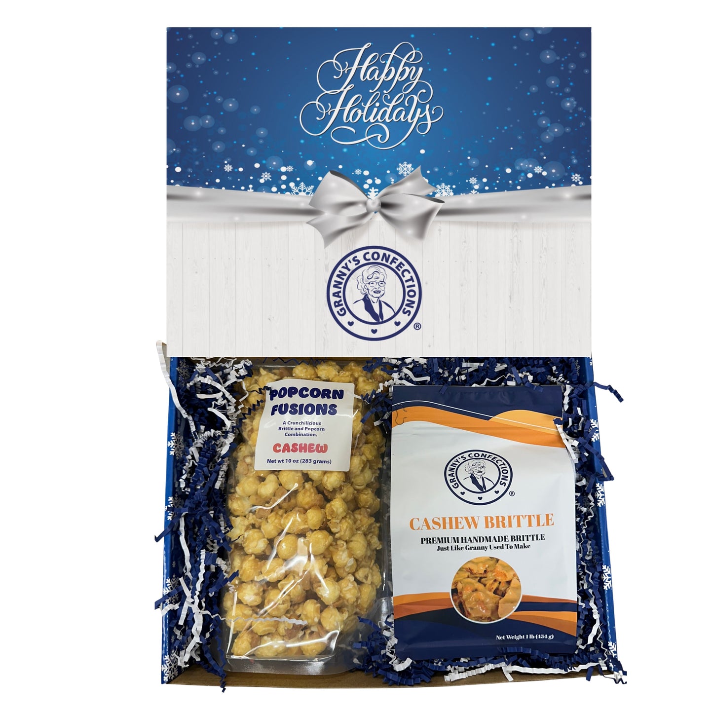 Christmas Holiday Gift Box Caramel Popcorn Peanut Popcorn Cashew Popcorn Pecan Popcorn Peanut Brittle Cashew Brittle Pecan Brittle Granny's Confections