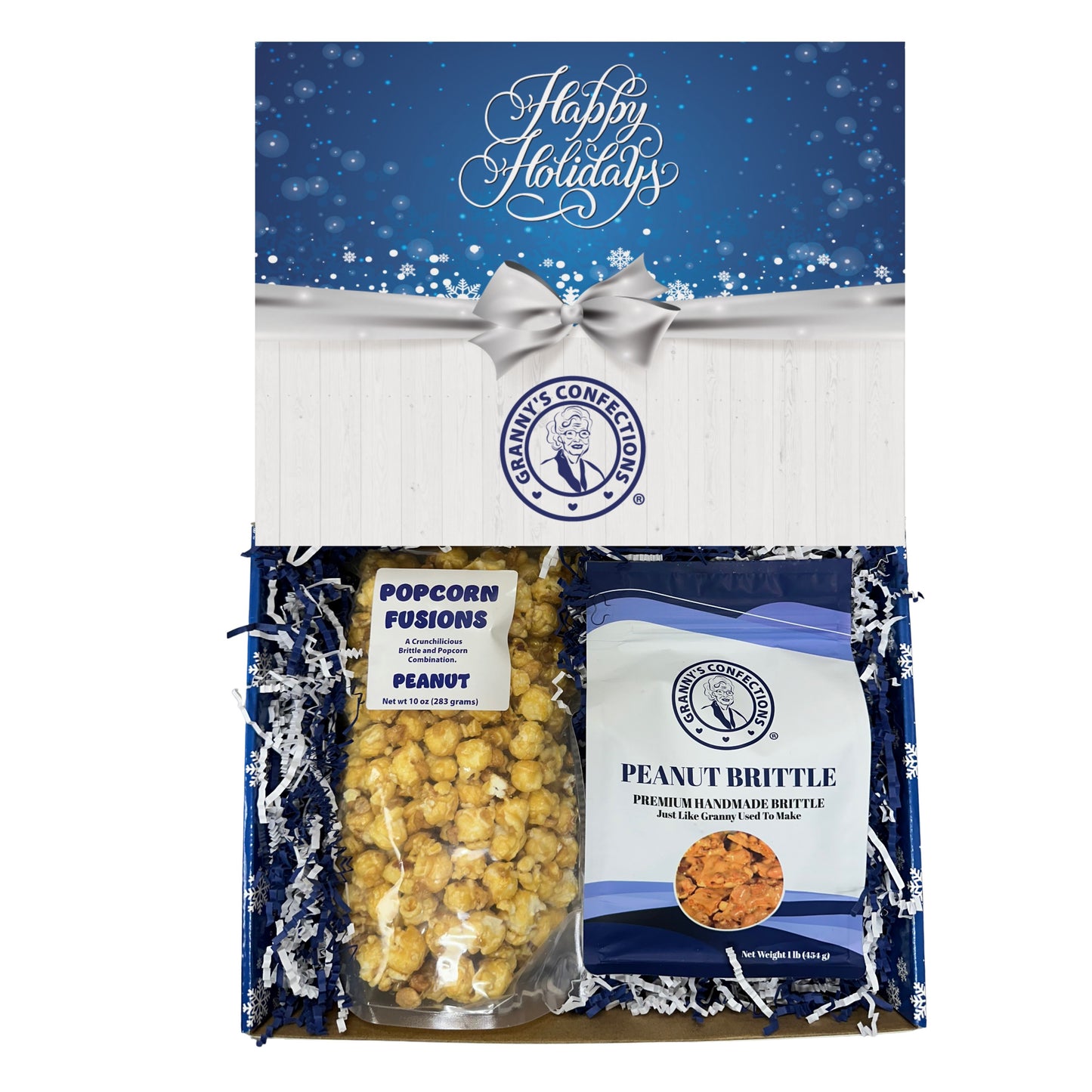 Christmas Holiday Gift Box Caramel Popcorn Peanut Popcorn Cashew Popcorn Pecan Popcorn Peanut Brittle Cashew Brittle Pecan Brittle Granny's Confections