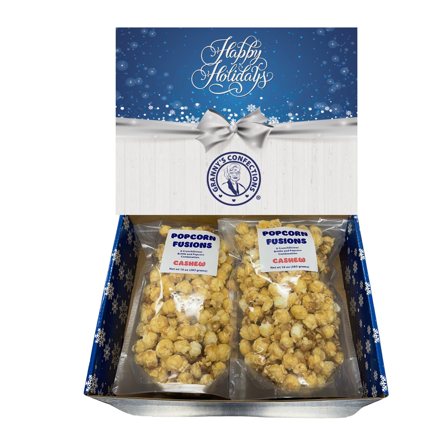 Christmas Holiday Gift Box Caramel Popcorn Peanut Popcorn Cashew Popcorn Pecan Popcorn Peanut Brittle Cashew Brittle Pecan Brittle Granny's Confections
