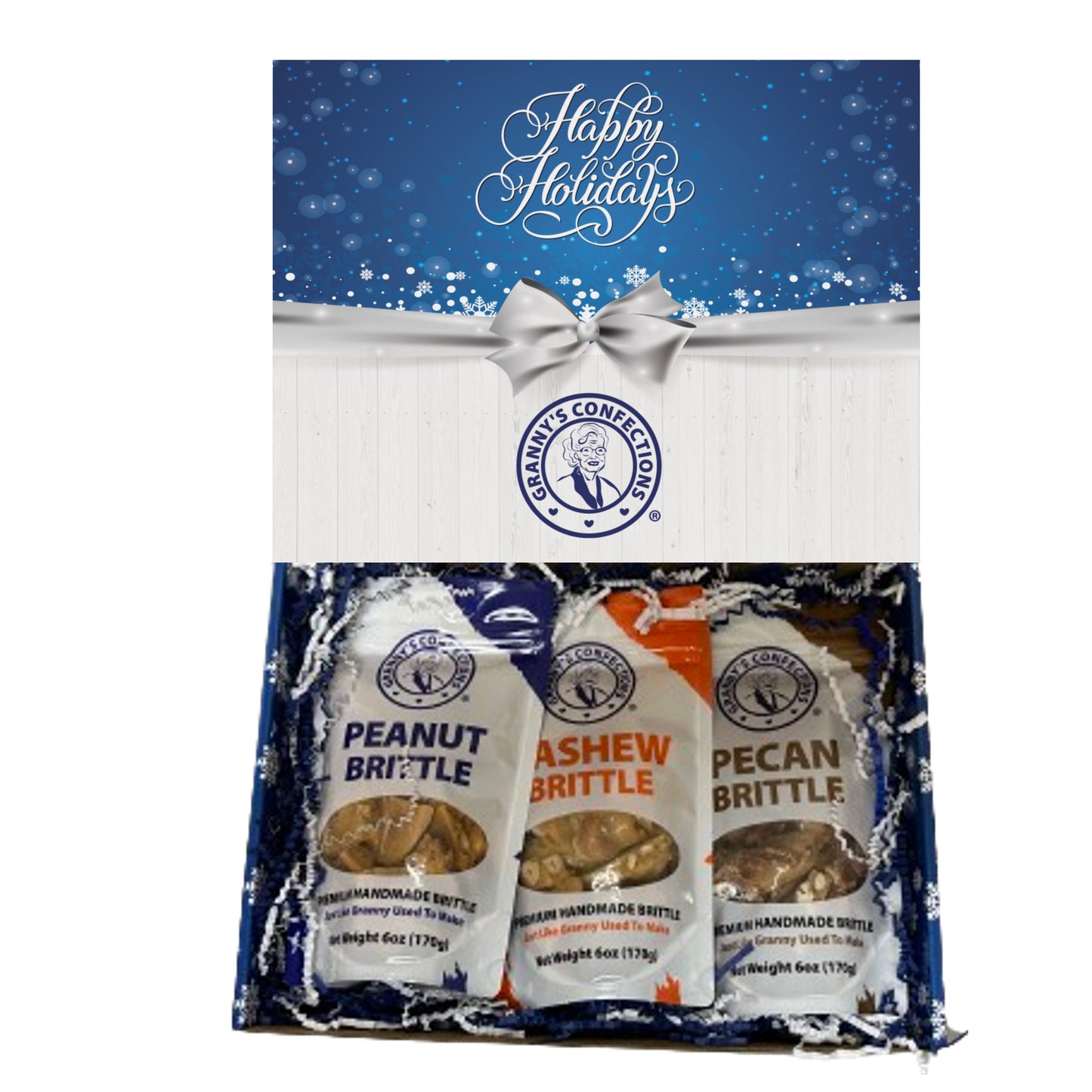 Christmas Holiday Gift Box Caramel Popcorn Peanut Popcorn Cashew Popcorn Pecan Popcorn Peanut Brittle Cashew Brittle Pecan Brittle Granny's Confections