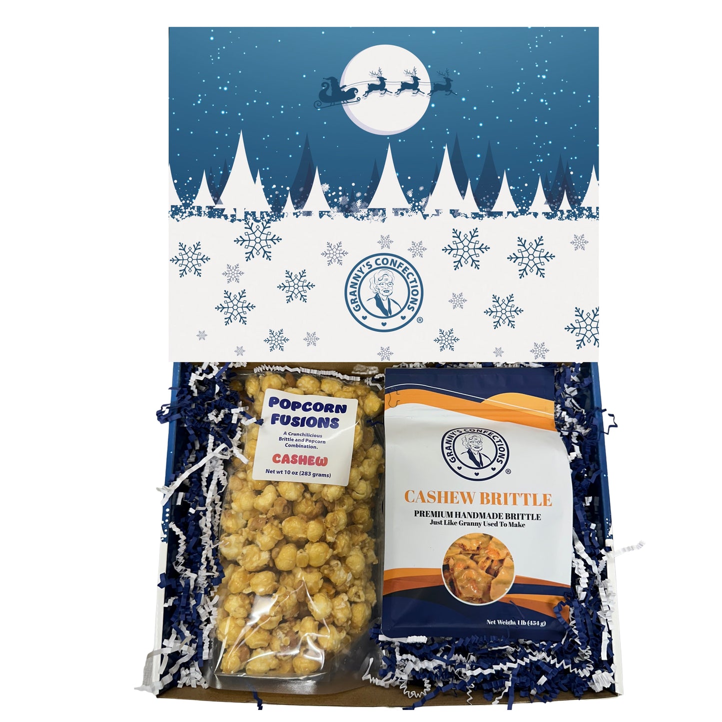 Christmas Holiday Gift Box Caramel Popcorn Peanut Popcorn Cashew Popcorn Pecan Popcorn Peanut Brittle Cashew Brittle Pecan Brittle Granny's Confections