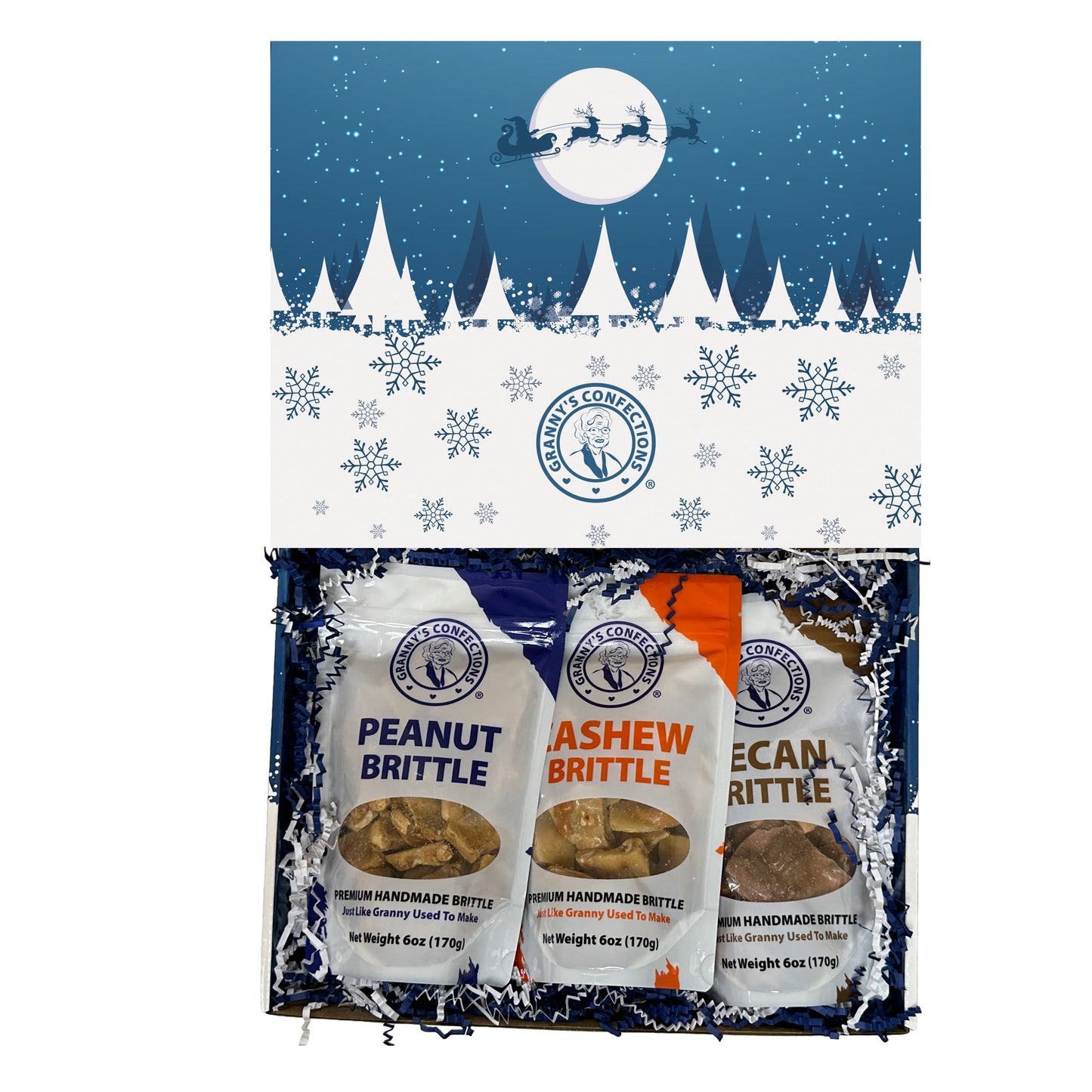 Christmas Holiday Gift Box Caramel Popcorn Peanut Popcorn Cashew Popcorn Pecan Popcorn Peanut Brittle Cashew Brittle Pecan Brittle Granny's Confections