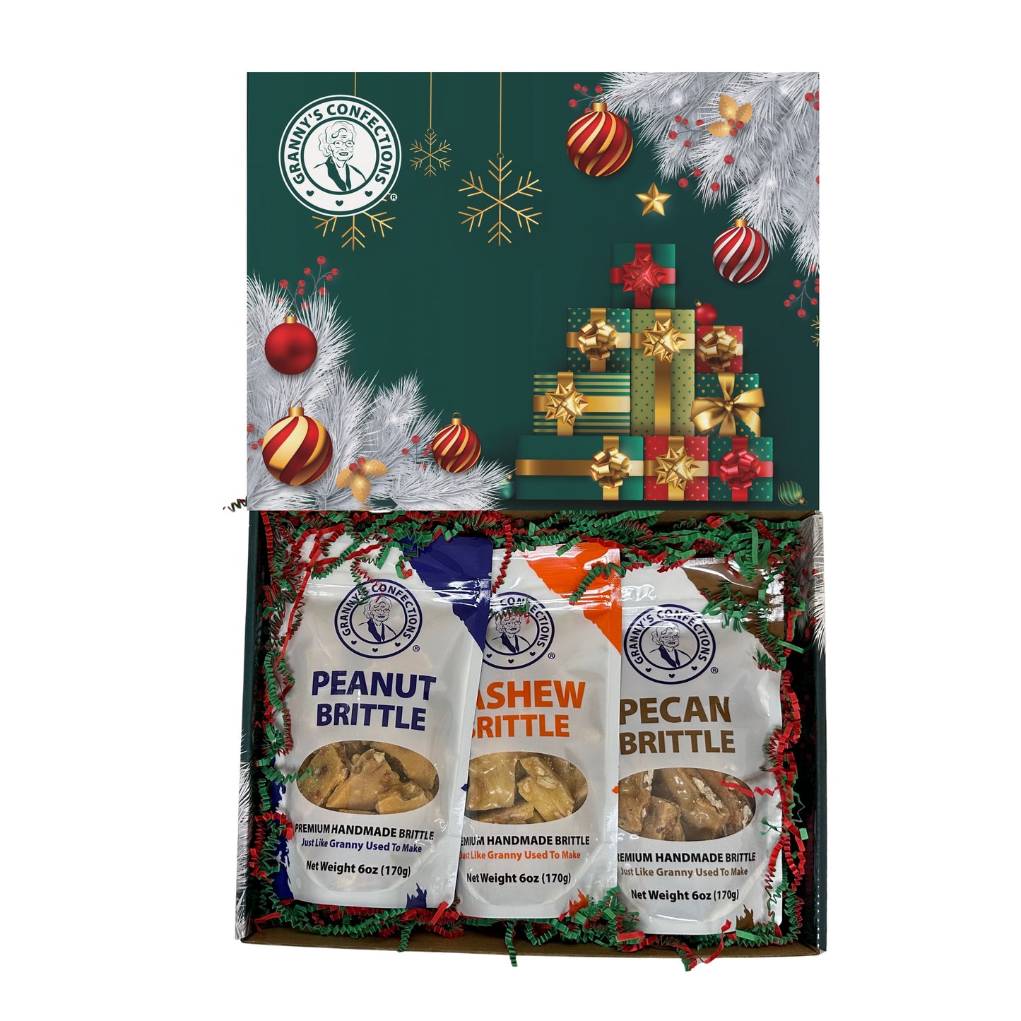 Christmas Holiday Gift Box Caramel Popcorn Peanut Popcorn Cashew Popcorn Pecan Popcorn Peanut Brittle Cashew Brittle Pecan Brittle Granny's Confections