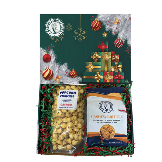 Christmas Holiday Gift Box Caramel Popcorn Peanut Popcorn Cashew Popcorn Pecan Popcorn Peanut Brittle Cashew Brittle Pecan Brittle Granny's Confections