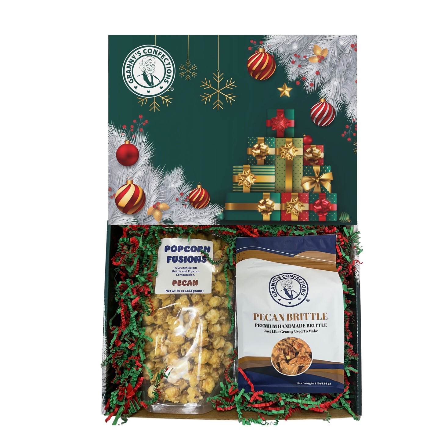 Christmas Holiday Gift Box Caramel Popcorn Peanut Popcorn Cashew Popcorn Pecan Popcorn Peanut Brittle Cashew Brittle Pecan Brittle Granny's Confections
