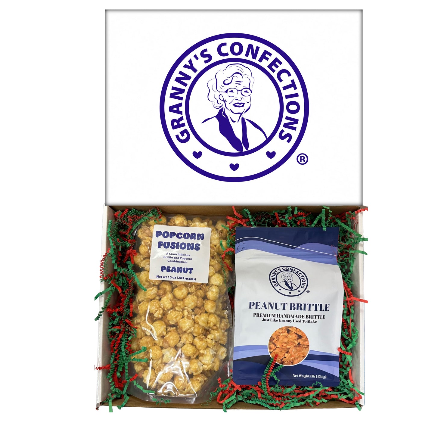 Christmas Holiday Gift Box Caramel Popcorn Peanut Popcorn Cashew Popcorn Pecan Popcorn Peanut Brittle Cashew Brittle Pecan Brittle Granny's Confections