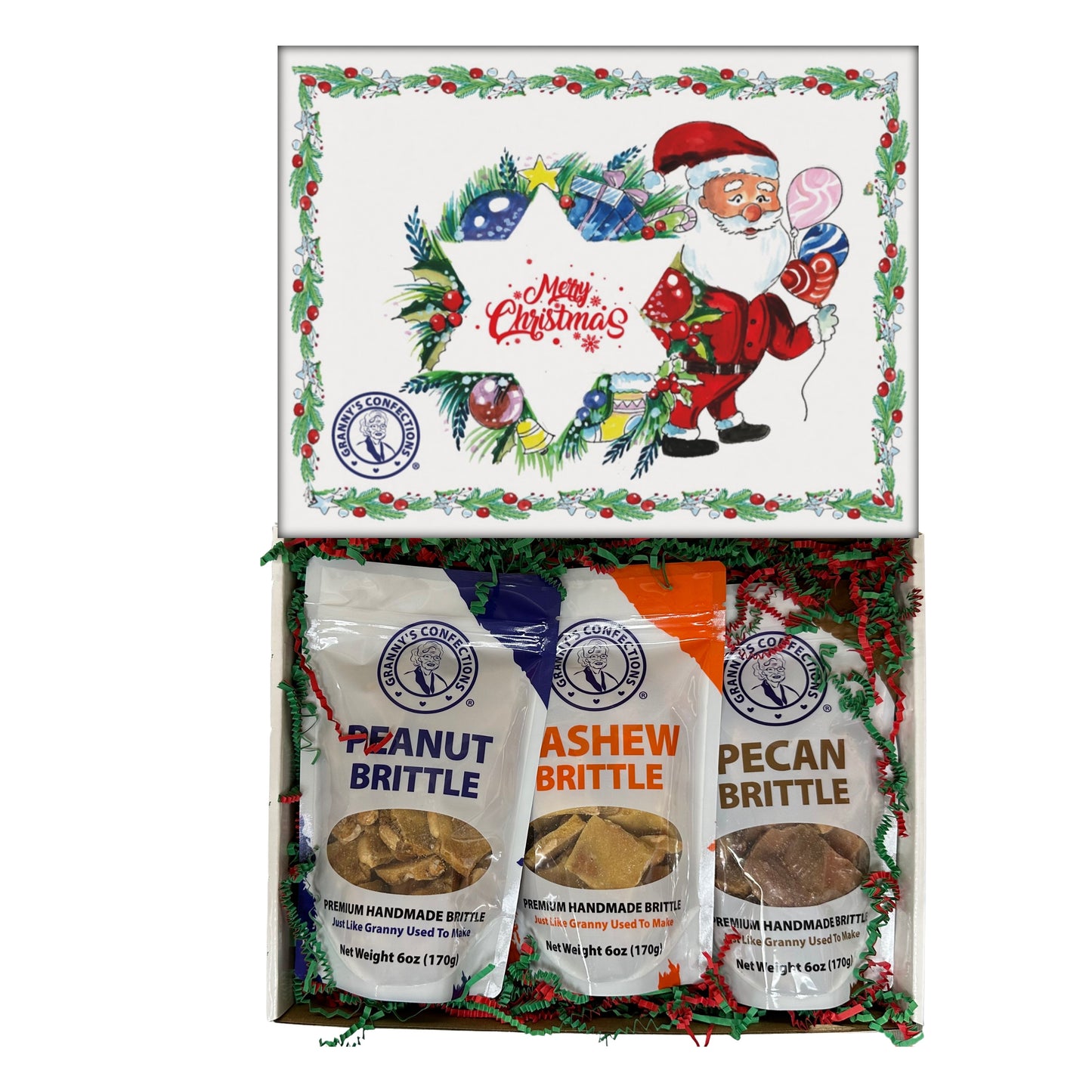 Christmas Holiday Gift Box Caramel Popcorn Peanut Popcorn Cashew Popcorn Pecan Popcorn Peanut Brittle Cashew Brittle Pecan Brittle Granny's Confections