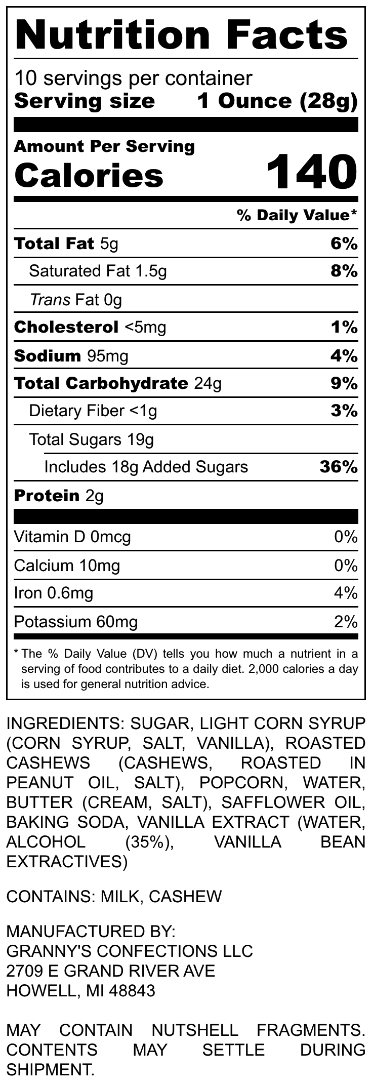 Cashew Caramel Popcorn Nutritional Label Granny's Confections Popcorn Fusions