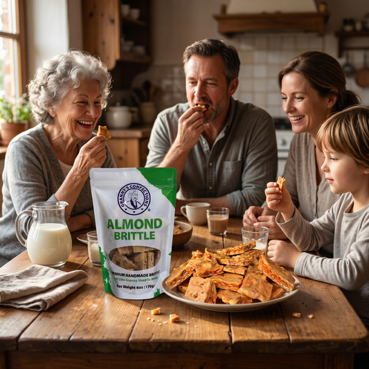 Family enjoying almond brittle around a table with a package of almond brittle in the foreground.