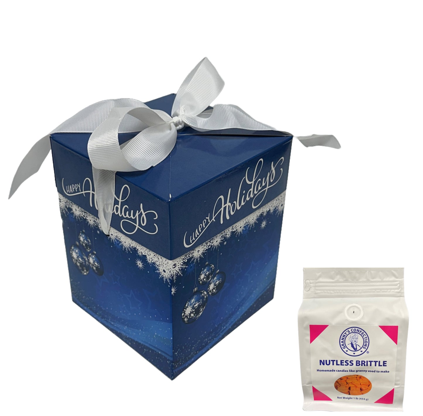 Granny’s Confections Happy Holidays Stunning Blue Gift Box and White Bow Nutless Brittle