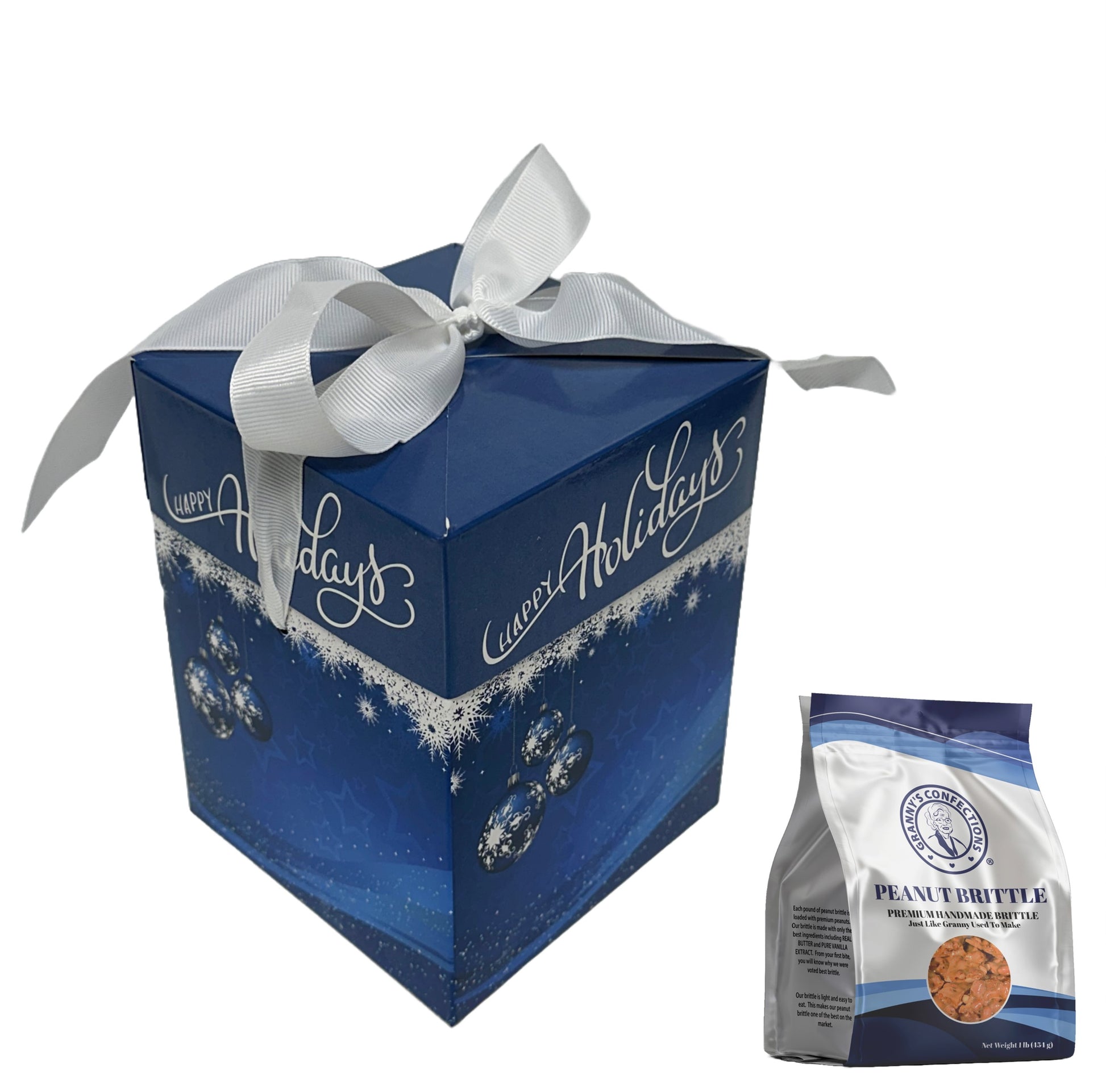 Granny’s Confections Happy Holidays Stunning Blue Gift Box and White Bow Peanut Brittle