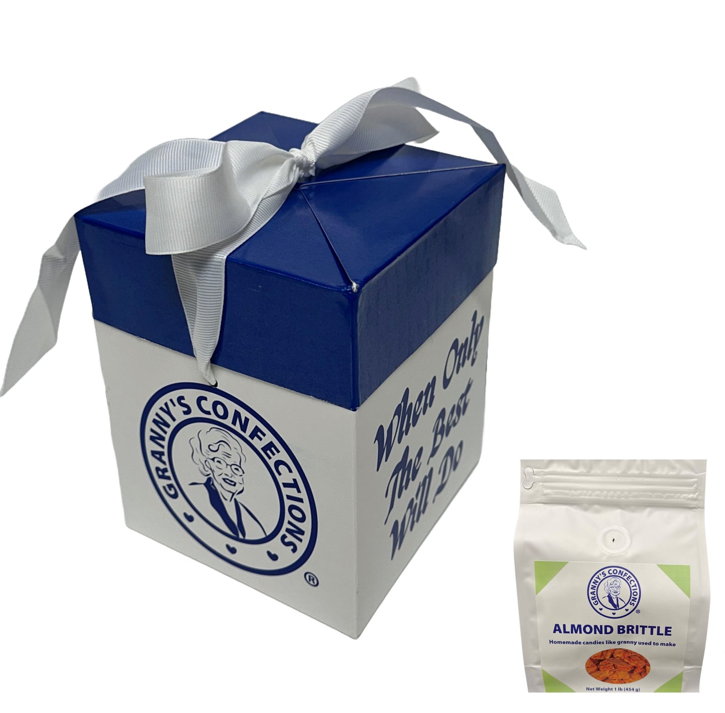 Gift Box From Granny's Confections with Handmade Almond Brittle Blue and White