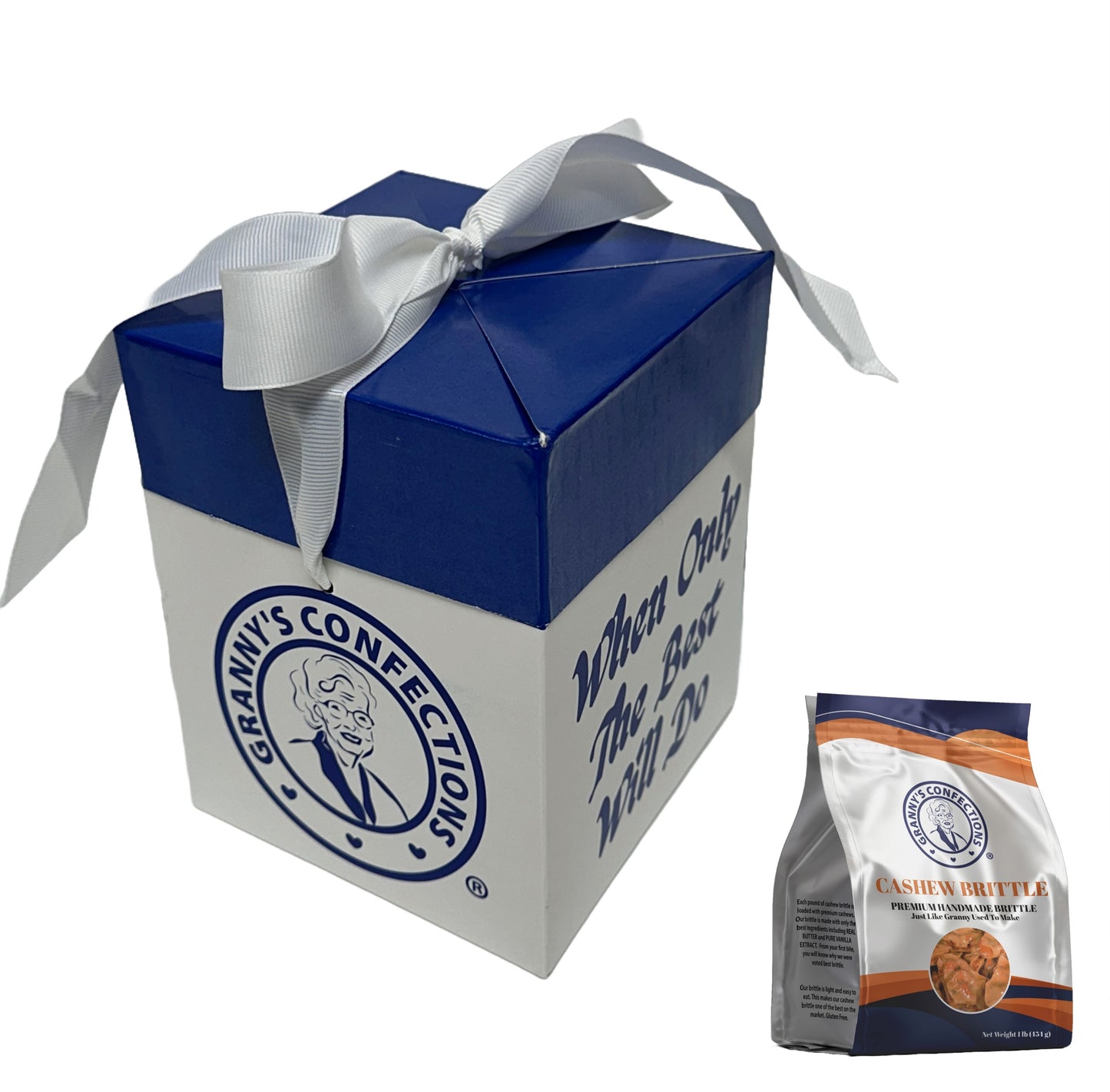 Gift Box From Granny's Confections with Handmade Cashew Brittle Blue and White