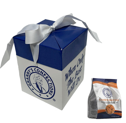 Gift Box From Granny's Confections with Handmade Cashew Brittle Blue and White