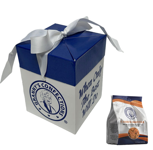 Gift Box From Granny's Confections with Handmade Cashew Brittle Blue and White