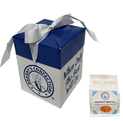 Gift Box From Granny's Confections with Handmade Coconut Brittle Blue and White