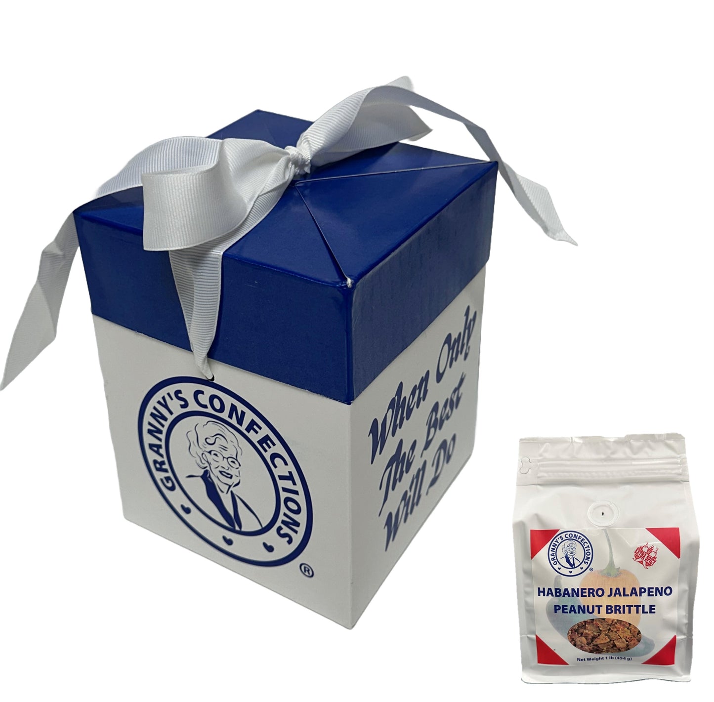 Gift Box From Granny's Confections with Handmade Habanero Jalapeno Peanut Brittle Blue and White