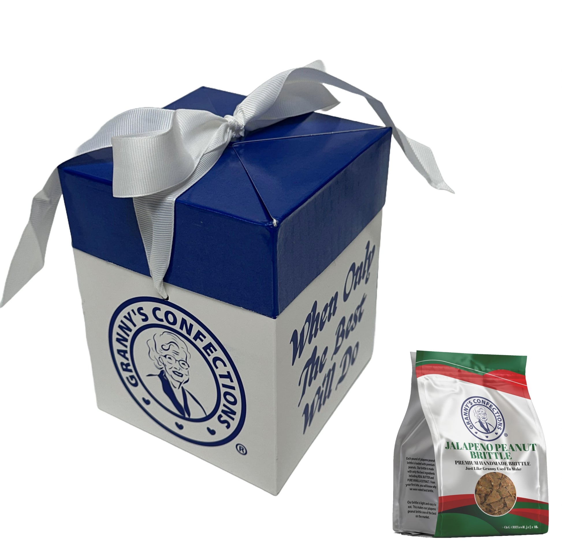 Gift Box From Granny's Confections with Handmade Jalapeno Peanut Brittle Blue and White