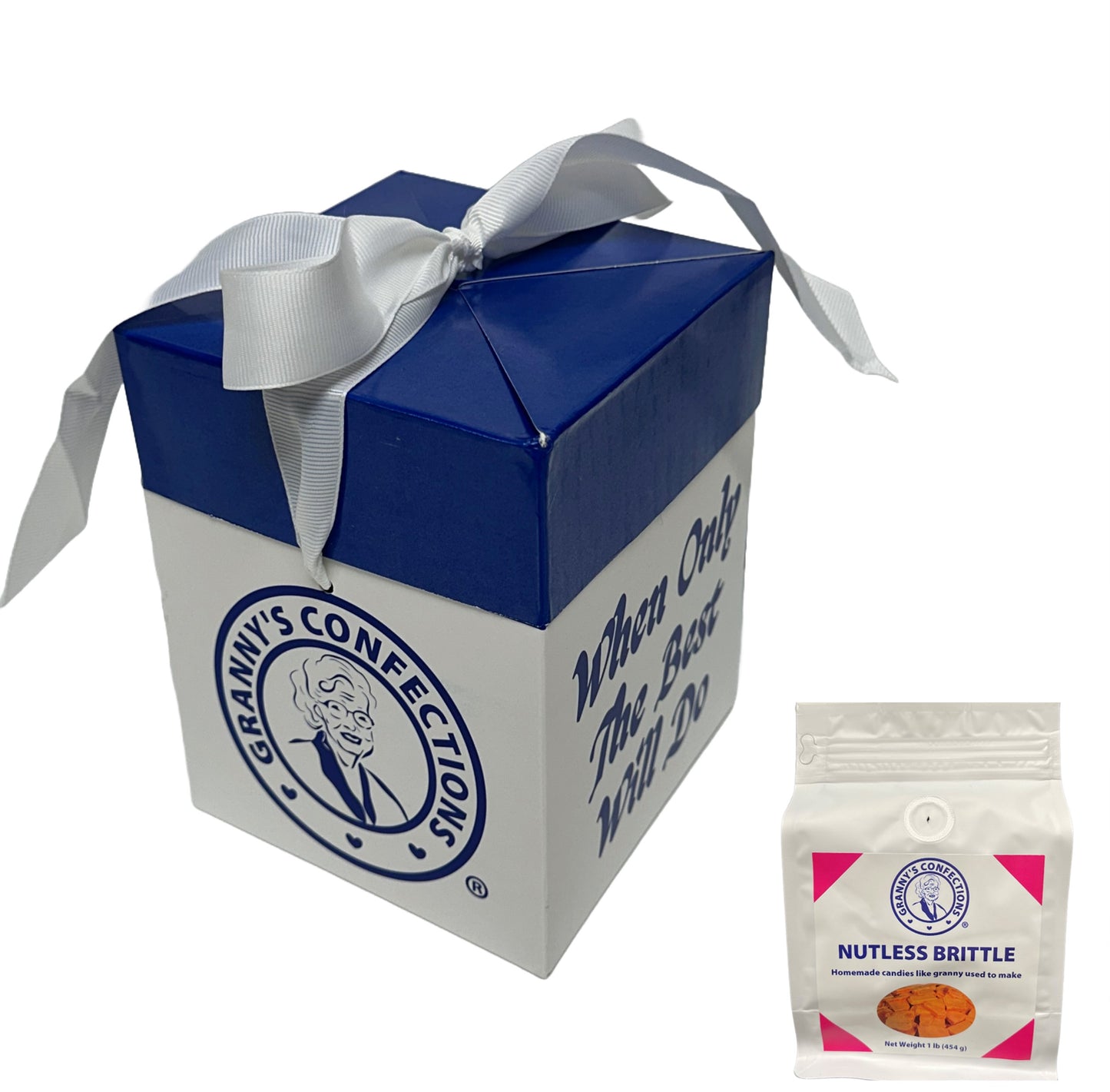 Gift Box From Granny's Confections with Handmade Nutless Brittle Blue and White
