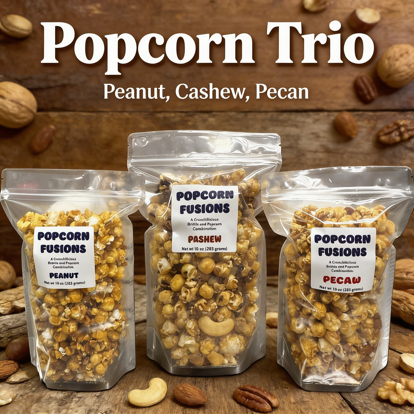 Caramel Popcorn Trio Combo Peanut Cashew Pecan