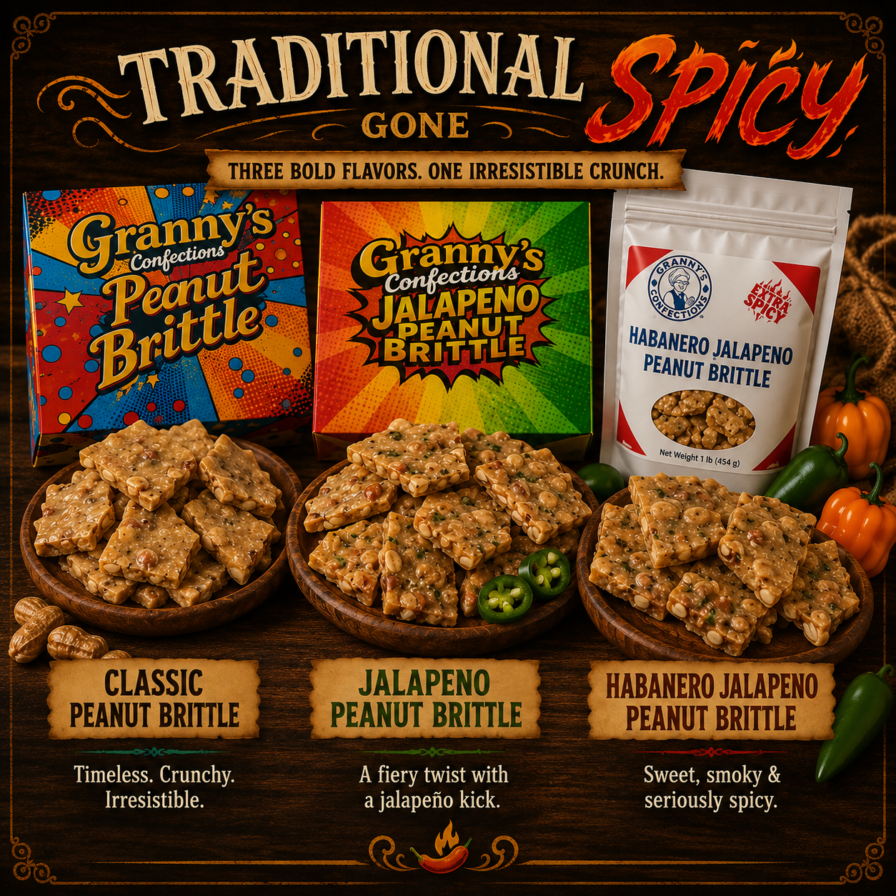 Peanut Brittle Spicy Combo - Peanut, Jalapeno, Habanero (1 Pound Bags)